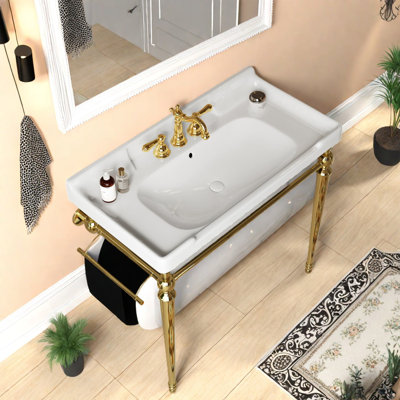 Meuble-lavabo moderne doré avec lavabo en céramique blanche, fixation murale, pieds en acier robustes et porte-serviettes, 91 cm (36 pouces).