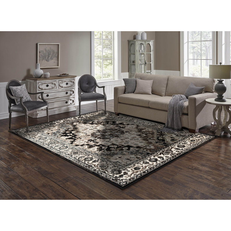 Black and Beige 5' x 7' Synthetic Traditional Area Rug