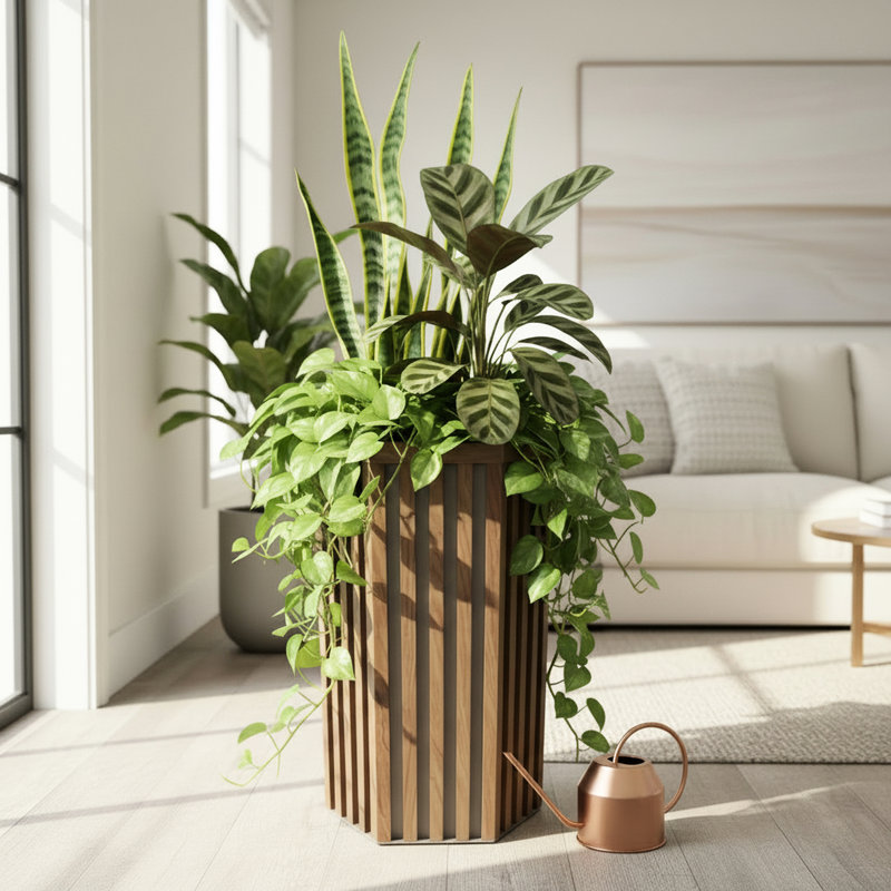 Pot à fleurs hexagonal Md en châtaignier brun moyen, fabriqué en aluminium léger, système de drainage prédécoupé, finition de ton de bois, profondeur réglable, largeur du produit 11,74 de la structure en aluminium,