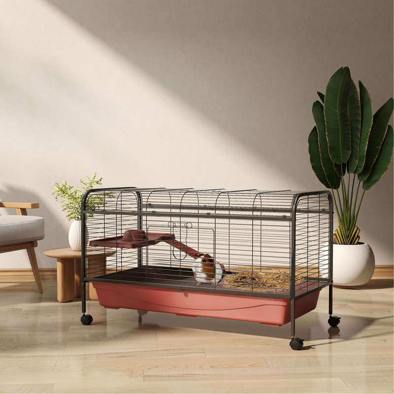 Cage pour petits animaux de 48 po, clapier à lapins ou maison pour furet avec mangeoire Pawhut, roulettes, plateforme, rampe