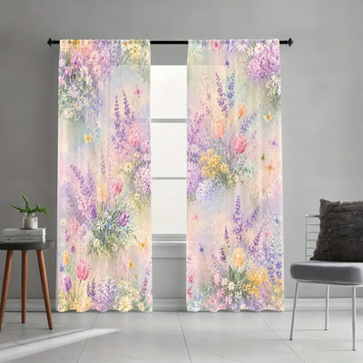 2PCS Watercolor Lavender Tulip Floral Butterfly Light Filtering Rod Pocket Curtains, Fresh Spring Garden Art Print Window Drapes, Easy Hang Rod Pocket, All Season Fragrant Floral Home Decor for Living Room, Bedroom, Study, Soft Spring Window Treatments
