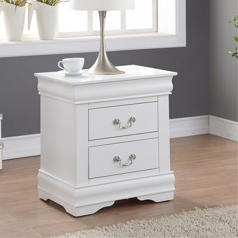 Table de chevet en pin massif avec 2 tiroirs au fini blanc, Blanc