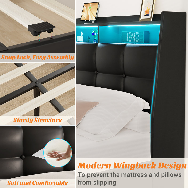 Black Queen Upholstered Bed Frame with LED Lighted Storage Headboard and Drawers