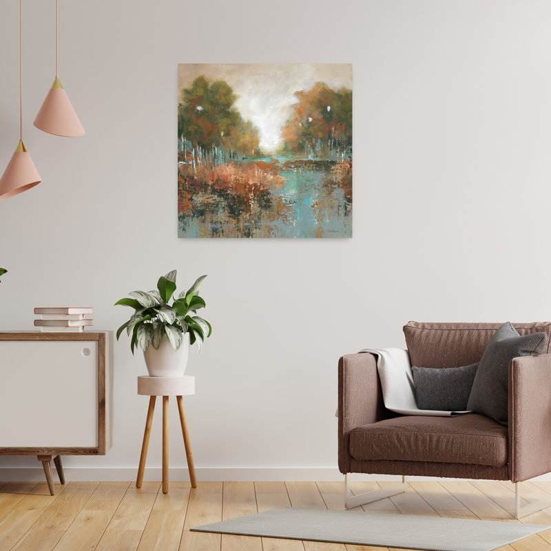 «Autumn Walk», art contemporain abstrait forêt paisible, H 24 po x l 24 po