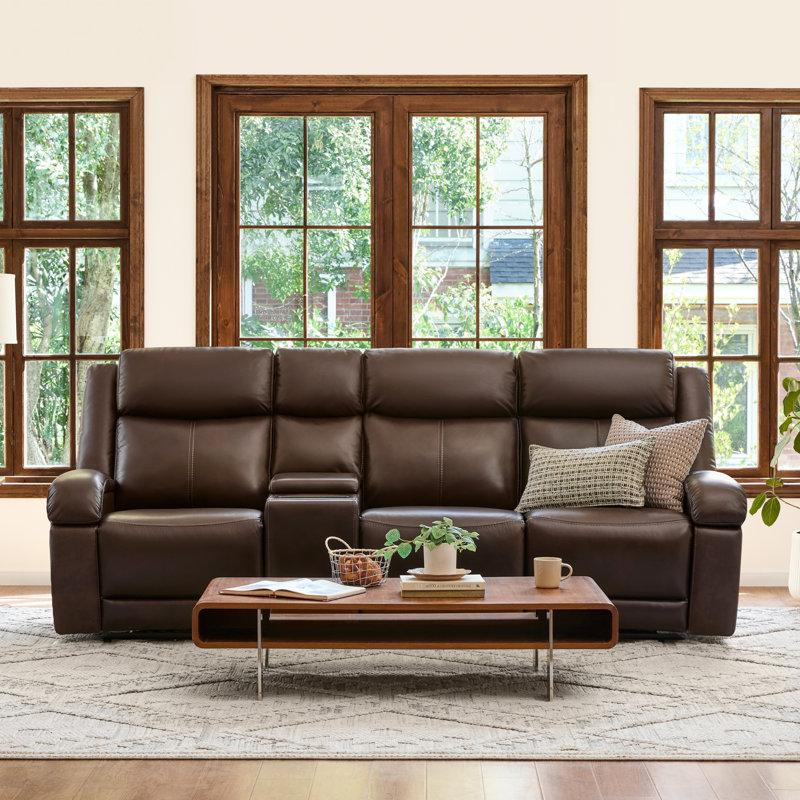 Zachery Genuine Leather Power Reclining Sofa with Multifunctional Console, Dark Brown, 3