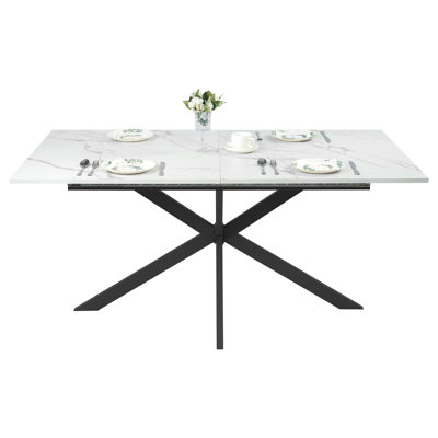 62.99’’-78.74’’ Wood Extendable Dining Table For 4-8 People With White Marble Pattern , Expandable Tables For Small Spaces, Dining Room, Kitchen, Living Room