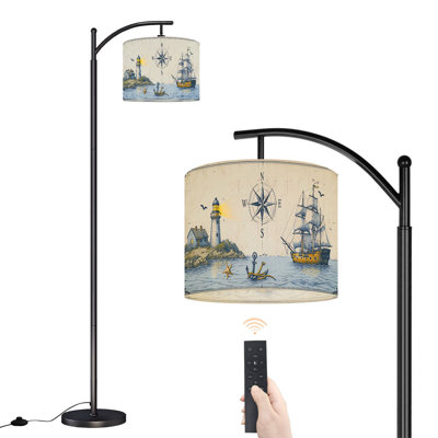 Arc Floor Lamp with Adjustable Lampshade Retro Compass Sail Boat Ocean Lighthouse Standing Lamp 3 Colour Temperatures Dimmable Tall Pole Lamp with Foot Switch for Bedroom