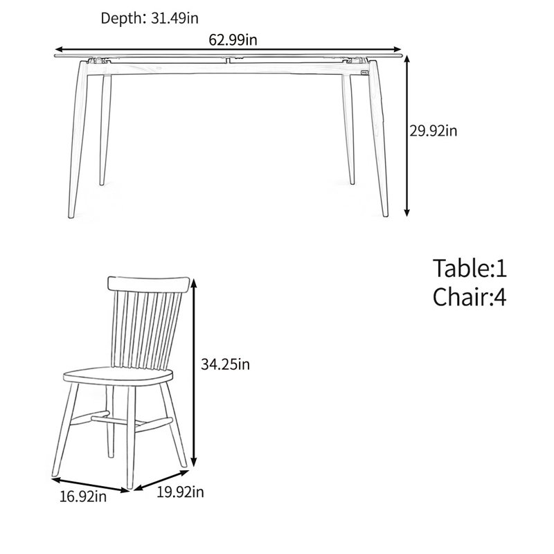Ensemble de table rétro en bois de cerisier, H 29,92 po x L 62,99 po x l 31,49 po