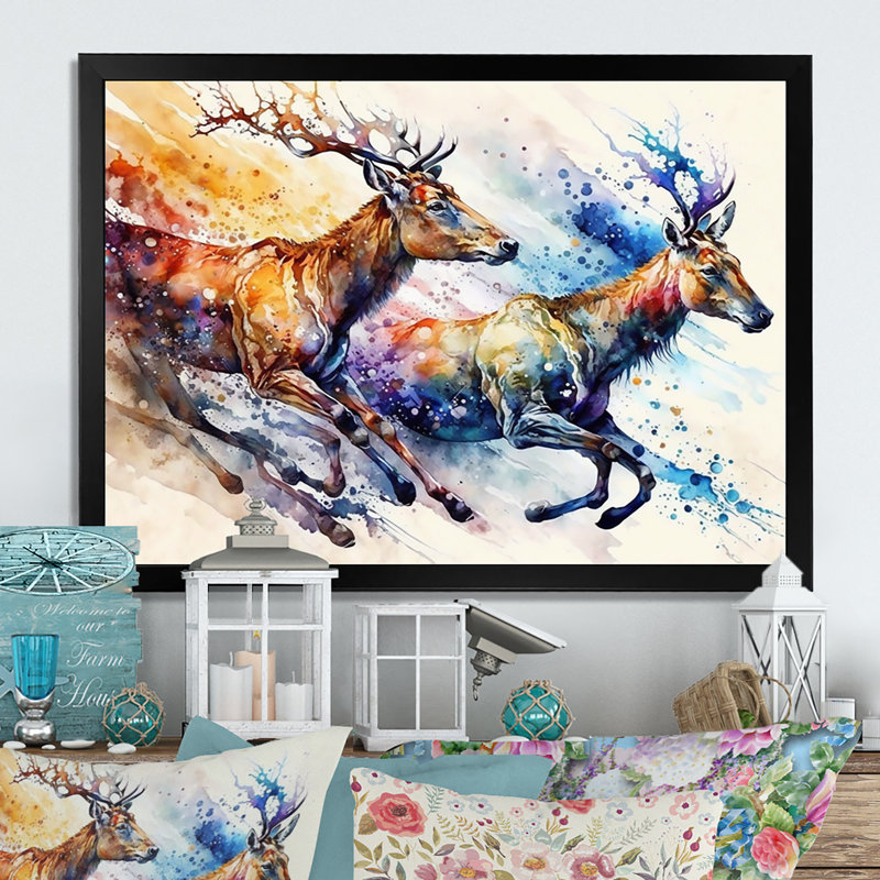 " Deers Running ", Black Picture Framed Canvas, 20" W x 12" H