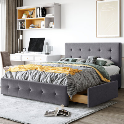Upholstered Platform Bed In Dark Grey, Queen Size With Button Headboard And 4 Drawers, No Box Spring, Linen Covered, Wood Frame Drawers Classic Design Headboard, Grey. Queen. Spring. Particle Board