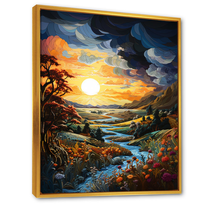 Tempêtes, lever de soleil, paysage III, Cadre flottant doré, H 32 po x l 16 po x P 1 po