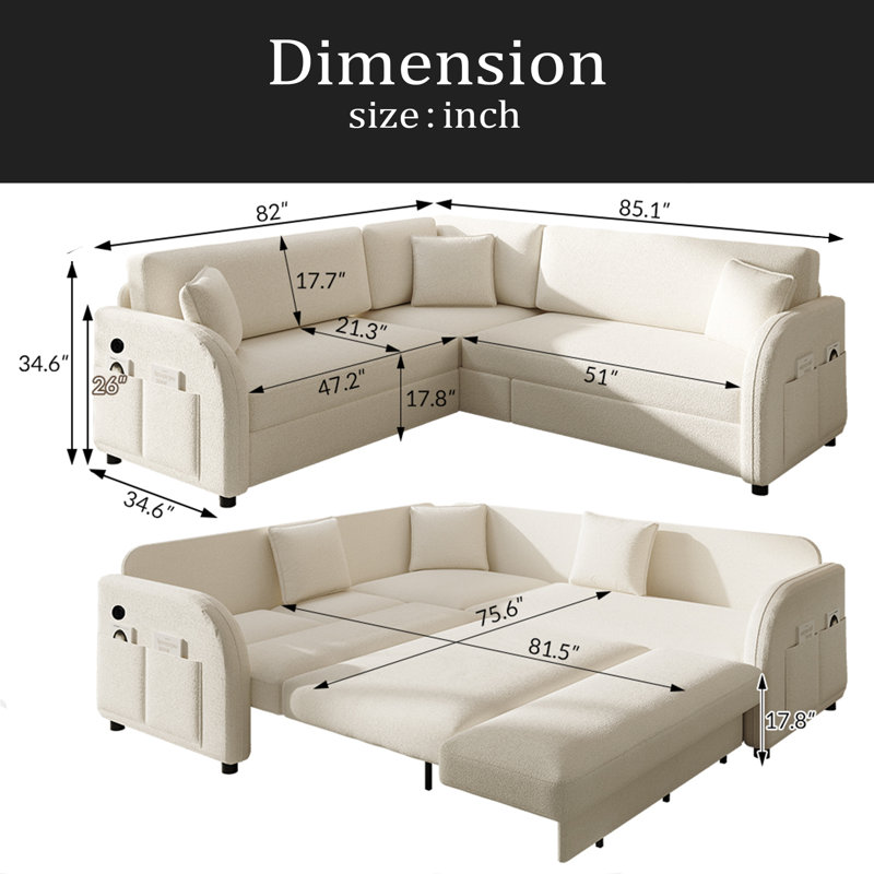 85.1" L-Shaped Sofa Couch With Pull-Out Bed,Oversize Convertible Sleeper Sofa With Side Pocket & USB Port,Teddy Upholstered Sectional Couches, For Living Room, Apartment, Office