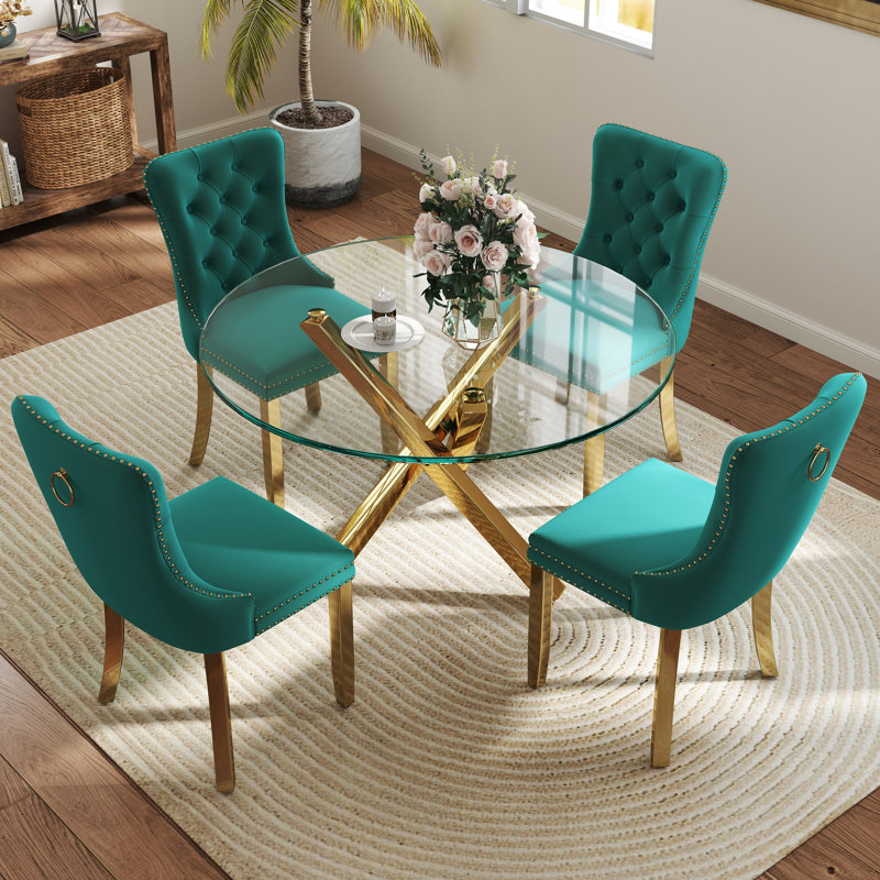 Ensemble de table de salle à manger 5 pièces, H 29,5 po x L 39 po x l 39 po, Vert/doré, Or