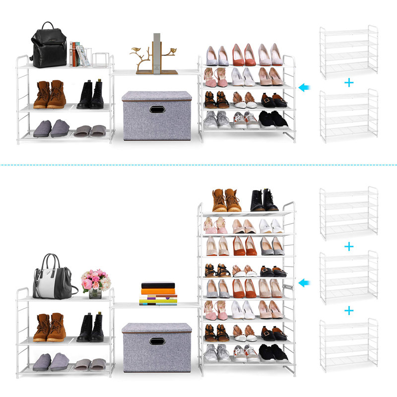 4 Tier Stackable Shoe Rack, Metal Wire Grid, Shoe Organizer Storage Shelf, White