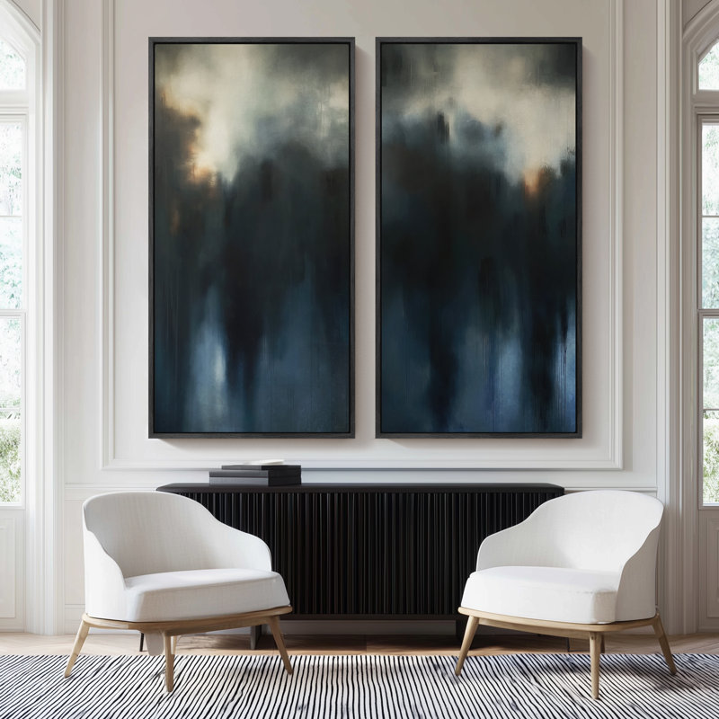 «Moody Deep Blue Abstract Misty Landscape», ensemble de 2 reproductions d'art murales encadrées sur toile 60 po x 20 po x 2 pièces, 60 po x 30 po x 2 pièces
