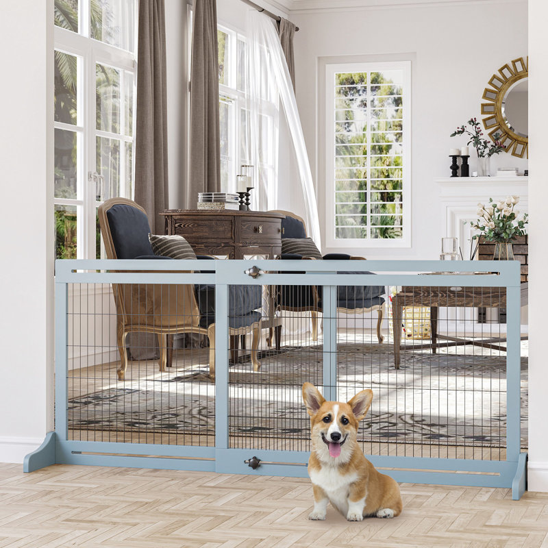 Barrière pour animaux 72 po - H 27,4 po, bleu-gris Longueur réglable pour les chiens et les chats. Autoportant avec des matériaux. Bloque les points d'accès. Installation facile. Convient aux animaux de compagnie de petite et moyenne taille et à la barrière bleue, gris