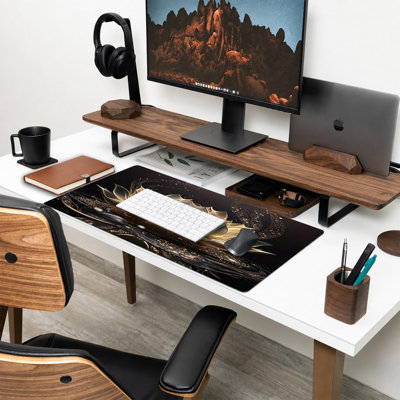 Tapis de souris en caoutchouc, surface en microfibre lisse, base antidérapante, tapis de souris décoratif à bord arrondi pour le bureau et les jeux, 17 x 47 po, art de lotus or noir