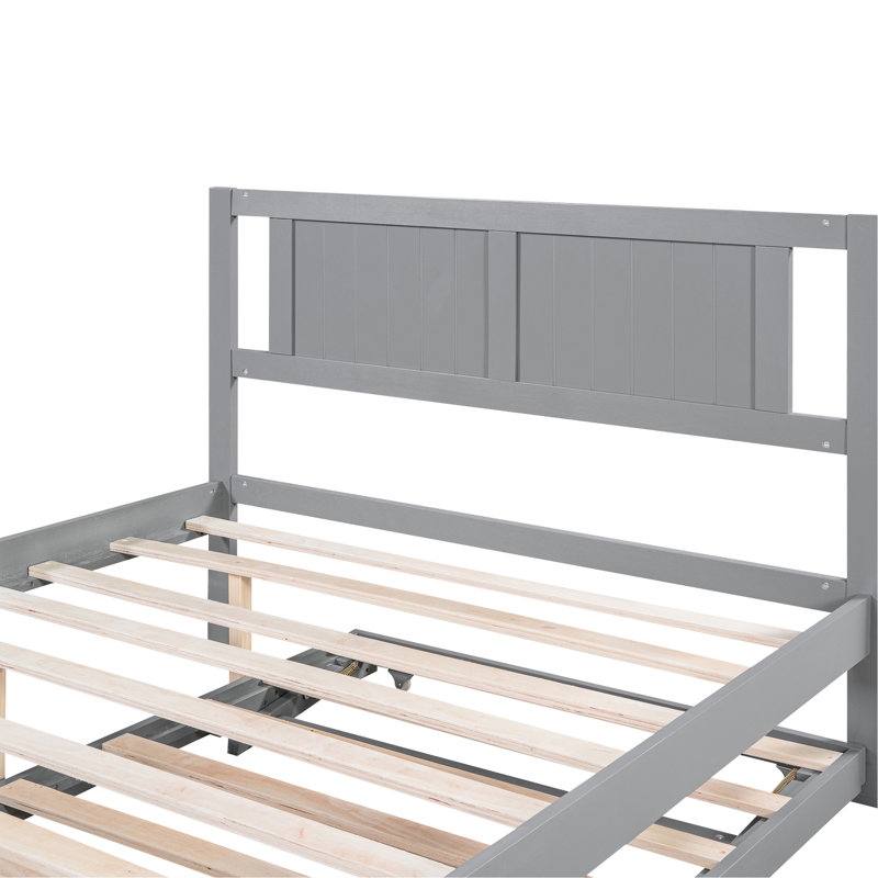 Gray Full Platform Bed With Adjustable Trundle - Functional Pine Wood Contained