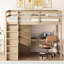 Lit mezzanine pleine grandeur en noyer avec armoire intégrée, bureau et tablettes pour le développement de la chambre à coucher avec atmosphère de tiroirs-130874195