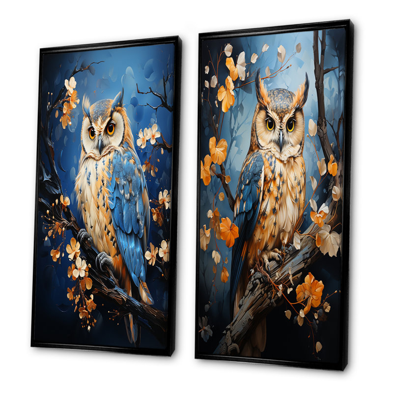 «Enchanted Forest Sentinels Owl - Owl», ensemble de 2 reproductions d'art mural, Cadre flottant noir, H 40 po x l 41 po