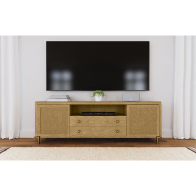 79.5 - Inch Sand Wash Tv Stand For 80 89 Inches Tvs, Featuring Dual Drawers Media Items Arrangement, Framed Cabinets With Adjustable Shelving And Aged Brass Metal Support, Coastal Style Main Home