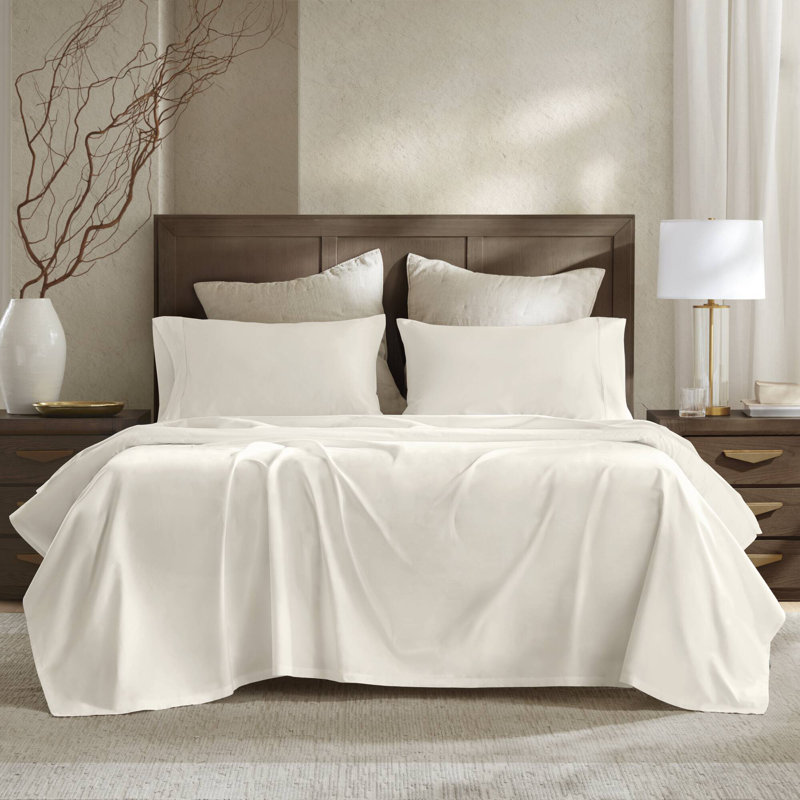 Ensemble de draps 4 pièces en satin de coton uni 4 pièces, Ensemble de draps pour lit très grand californien, Ivoire ivoire