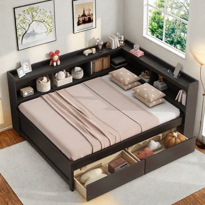 L-shaped Daybed With Bookcases, Charging Station And Two Drawers, Full, Espresso