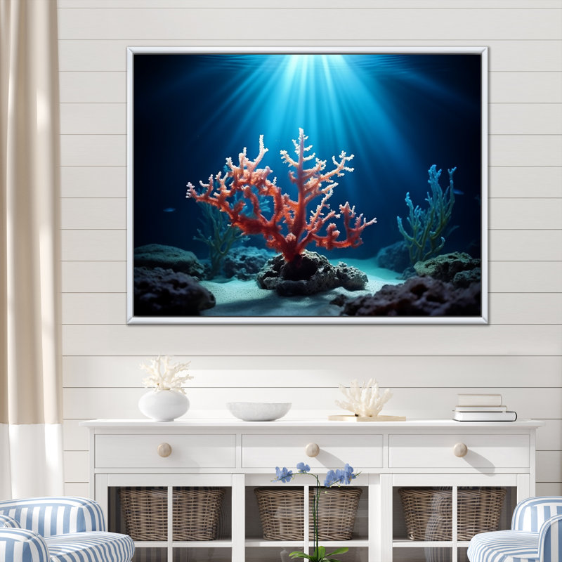 Sous-marin rose, branche de corail - plage et océan, art mural sur toile, Cadre photo noir, H 24 po x l 32 po