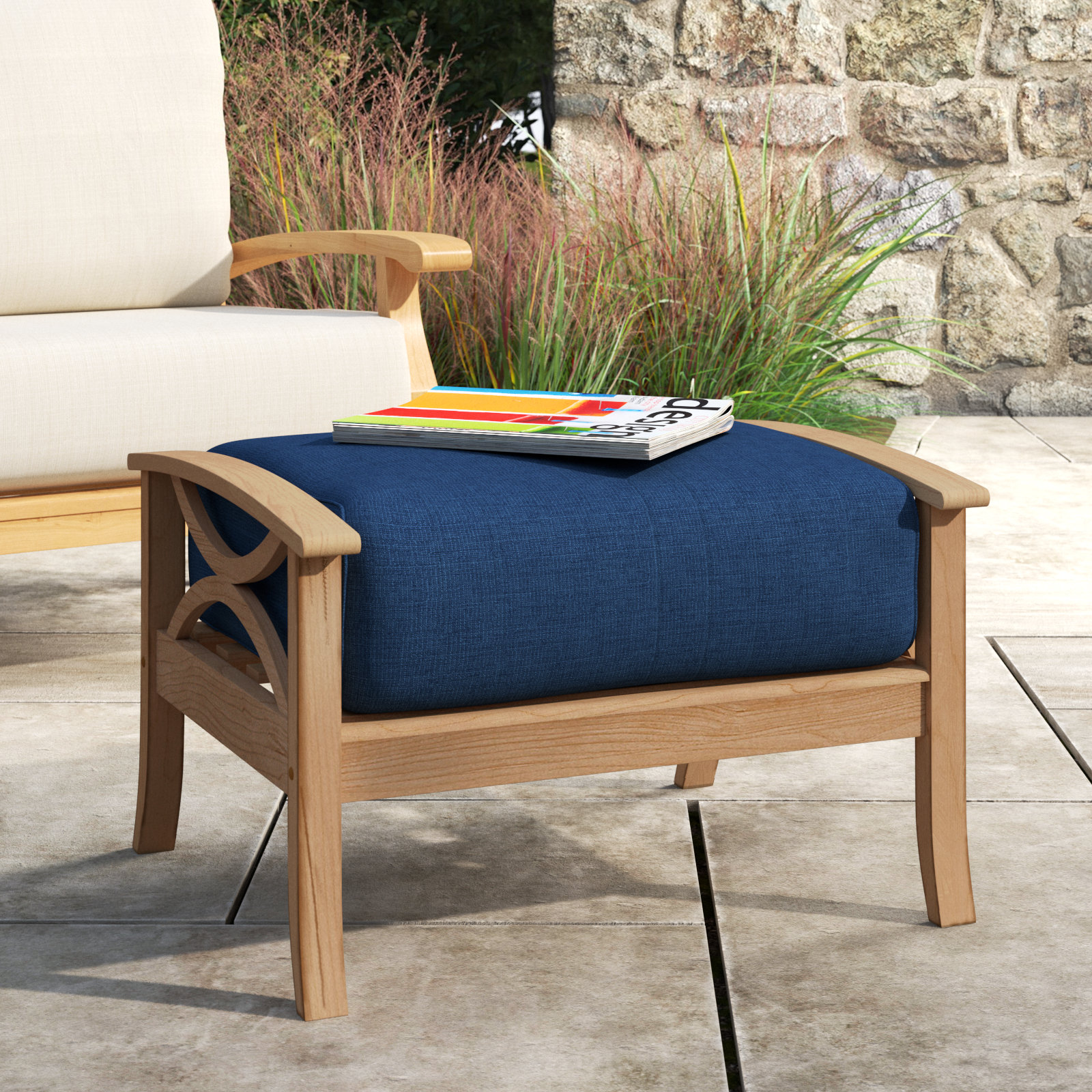 Brunswick Teak Patio Ottoman, Navy Performance Olefin, Natural