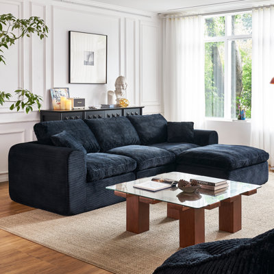 108" Boneless Sectional Couch for Living Room Bedroom, Compression Cloud Couch with L-Shape Ottoman, Deep Seat Corduroy Modular Sectional Sofa, No Assembly Required (Black, 3 Seater + Ottoman)