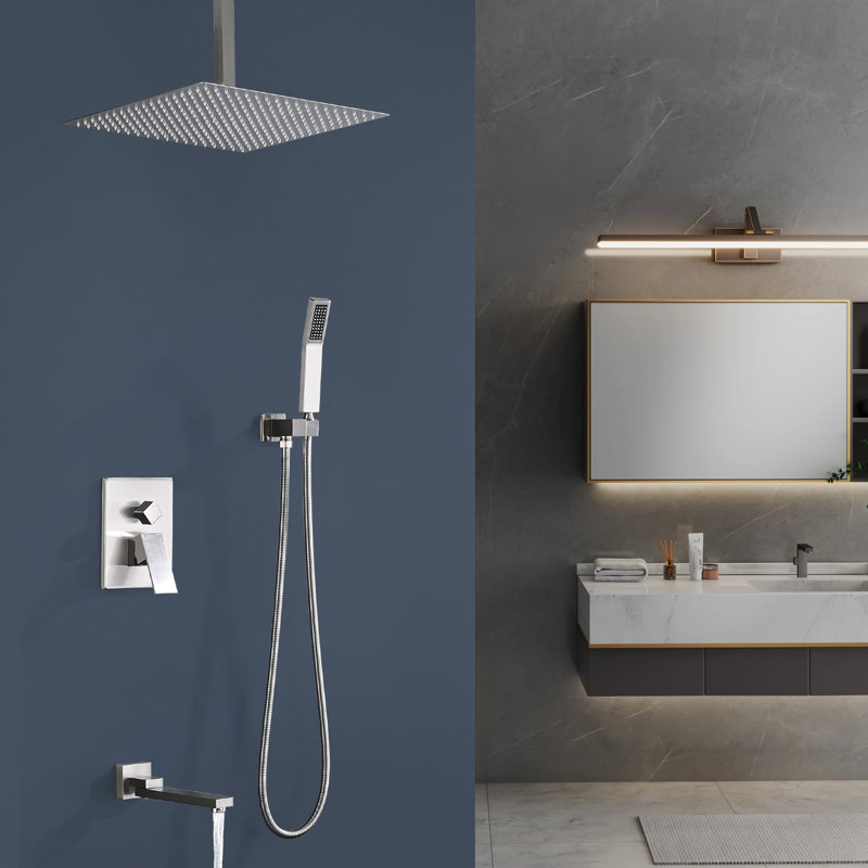 1 jet de 16 po Double pomme de douche fixe et à main avec robinet de baignoire 2,5 gallons par minute en nickel brossé