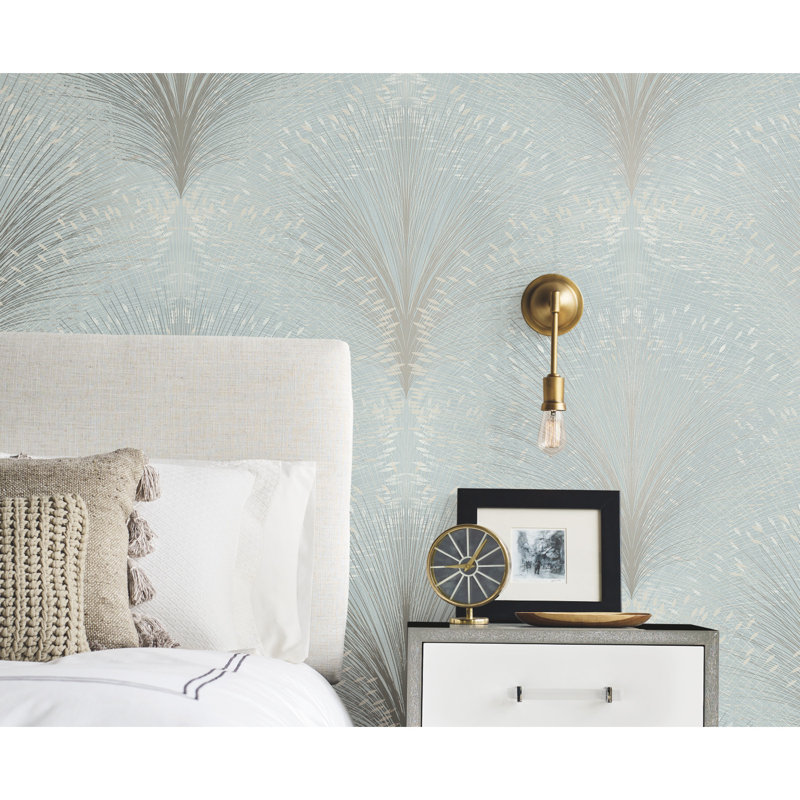 Papyrus Plume Floral Metallic Wallpaper Roll, Sky Blue