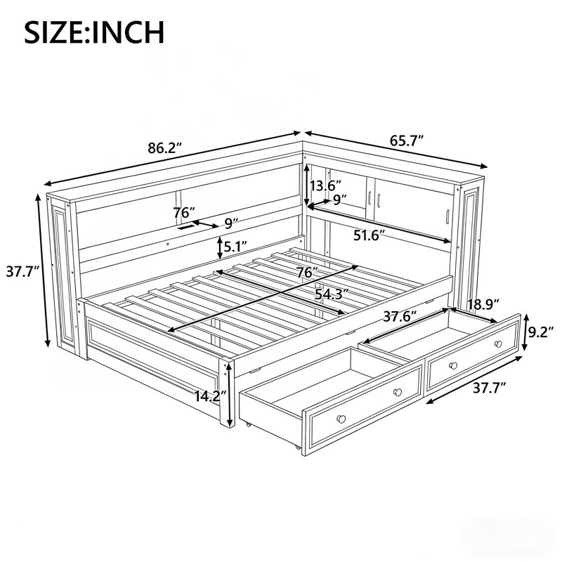 Full Size Wood Daybed with Storage Shelves, USB, LED, and 2 Drawers, White, Perfect for Modern and Functional Living, White