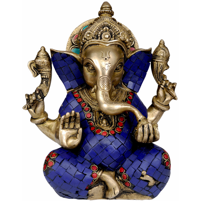 Handmade 8" Lapis Ganesha Brass Statue – Granting Abhaya Mudra, Indian Inlay Art for Sacred Space & Home Décor