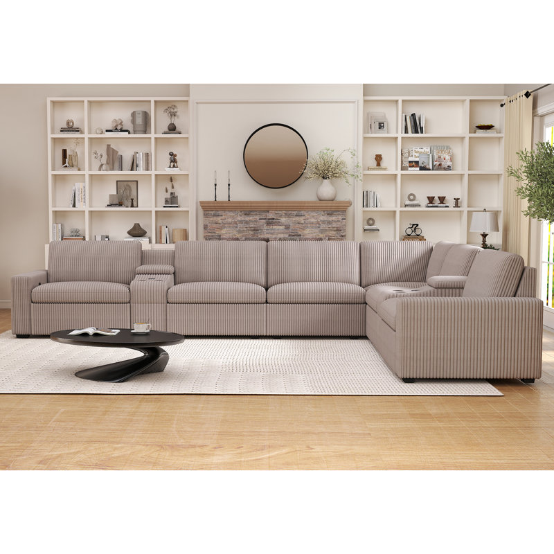 8 Piece Modern Corduroy L Shaped Power Reclining Sectional Couch With Storage & Wireless Charging, Brown Corduroy