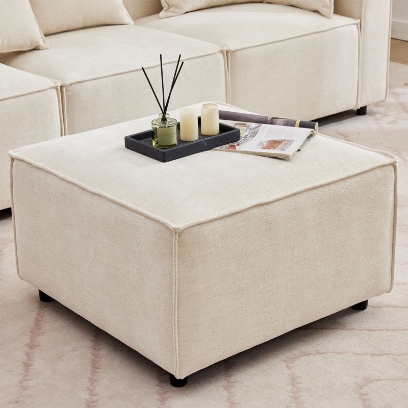 Makassar Chenille Upholstered Modular Ottoman, Beige