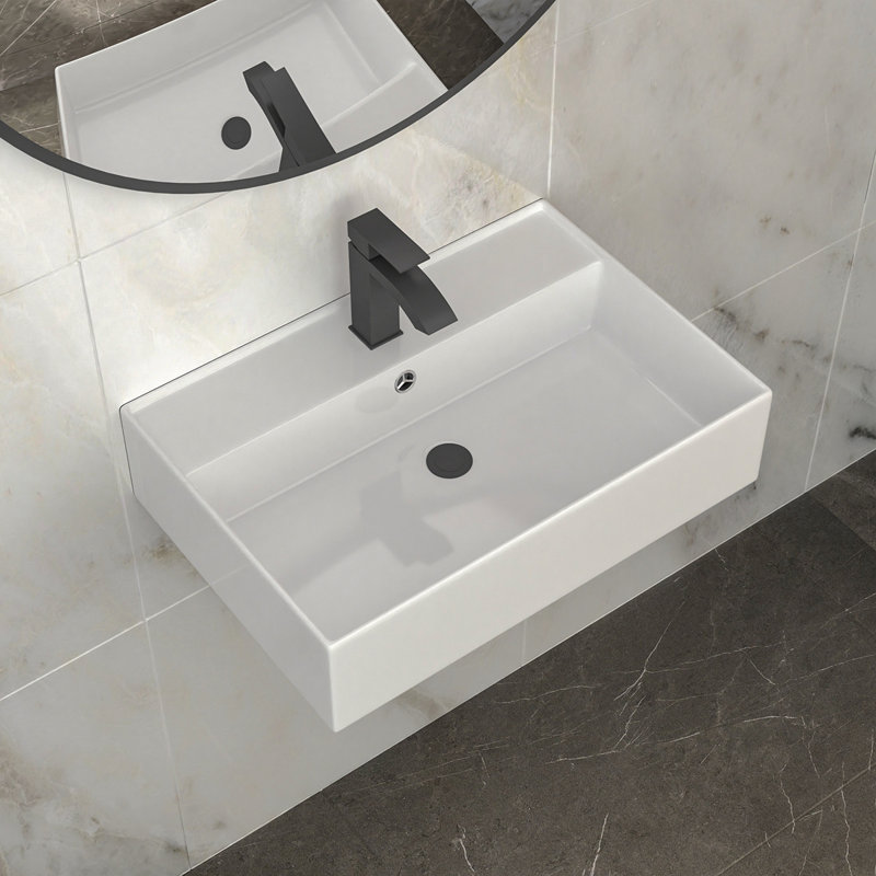 24"X16" White Ceramic Rectangular Wall Mounted Bathroom Sink With Faucet Hole And Overflow