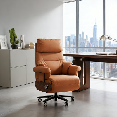 Fauteuil de direction inclinable électrique haut de gamme en cuir 45,67 po italien, disponible en kaki clair / brun caramel, avec fonctions de massage et de ventilation du siège