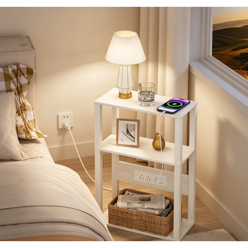 Table d'appoint en bois à 3 niveaux avec station de charge, prise USB et prises, Grey