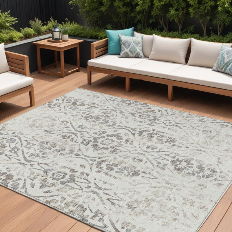 Tapis intérieur lavable floral ivoire et brun 9 pi x 12 pi