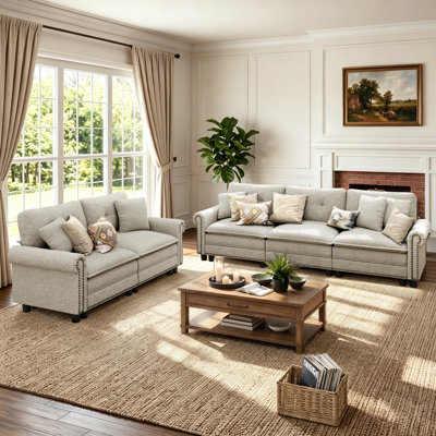 Ensemble de salon 2 pièces rembourré avec canapé et causeuse, canapé modulaire surdimensionné à assise profonde aspect lin avec garniture cloutée