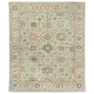 Tapis beige / vert en laine noué à la main Presley