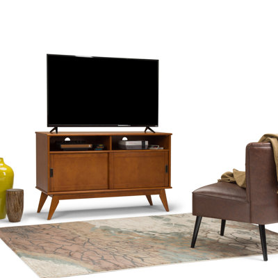 Draper 54"W Solid Wood Mid-Century Modern Tall TV Stand for TVs up to 60" with 2 Sliding Doors and Open Shelves