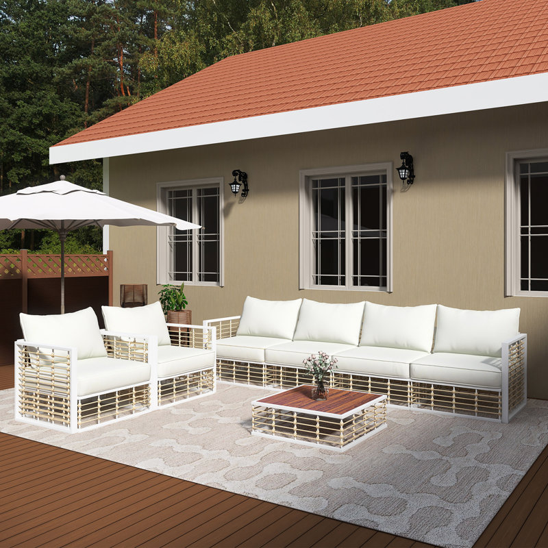 7-Piece Metal Patio Sectional Sofa Set With White Cushions, White