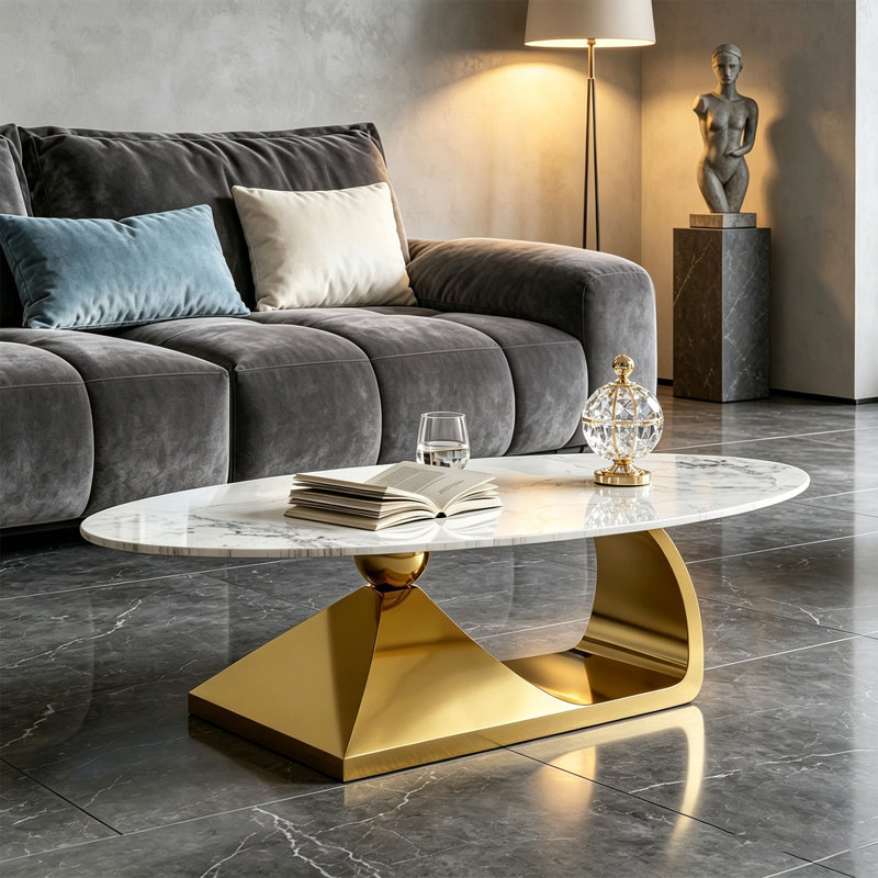 Modern Oval Coffee Table with Faux Marble Top and Sculptural Gold Base