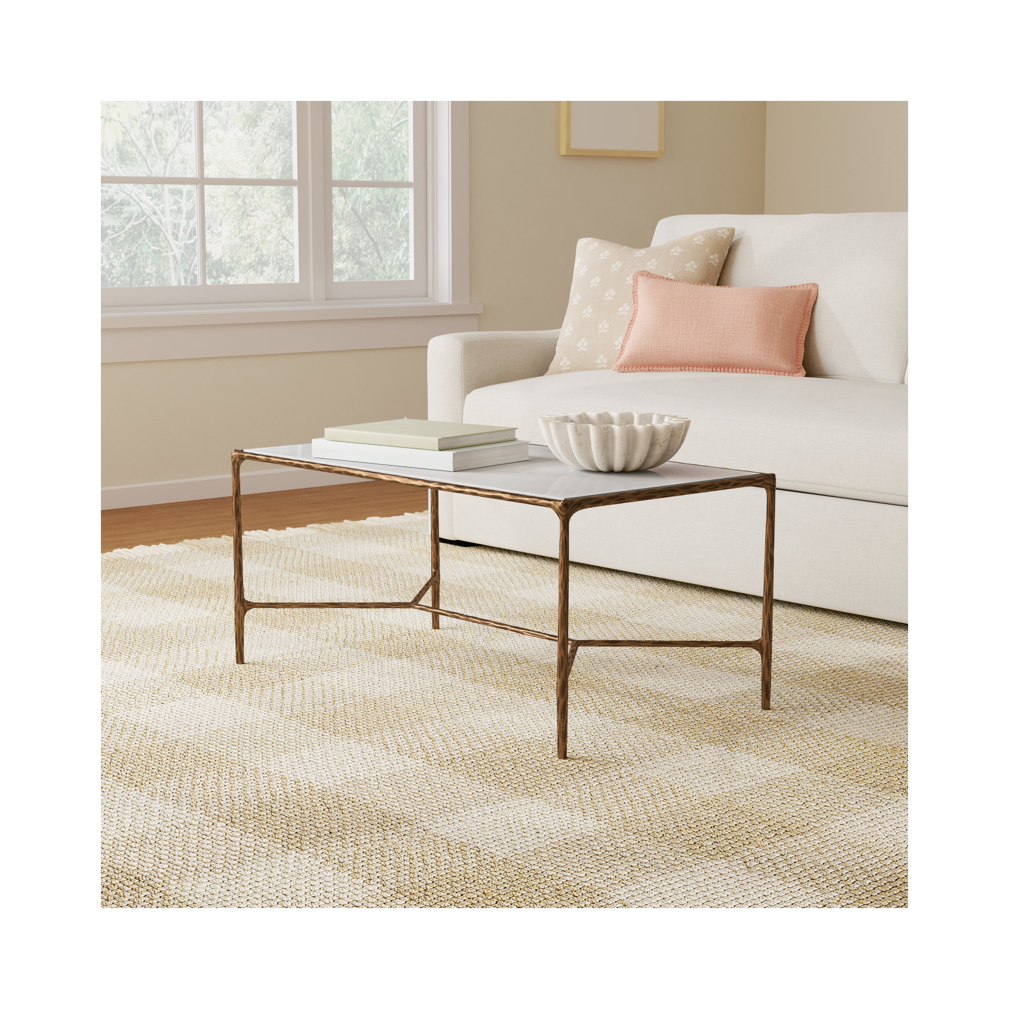 Evelynn Coffee Table, Brass, White Marble