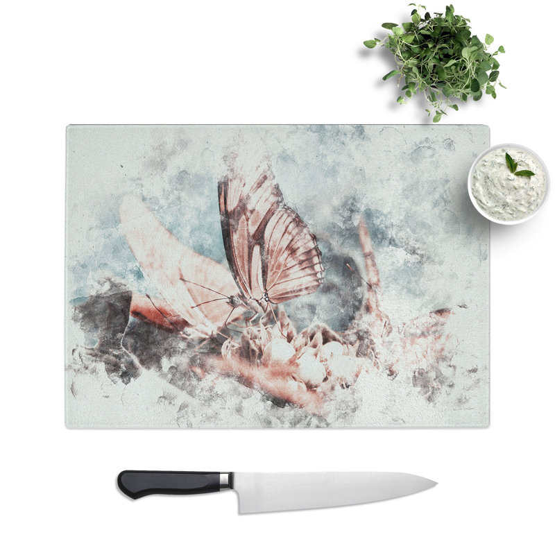 Tempered Glass Pink Butterflies Chopping Board, 28.5 cm x 39 cm