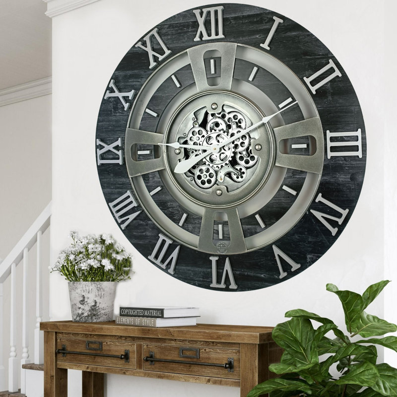 Oversized Vintage Black Wall Clock with Real Moving Gears