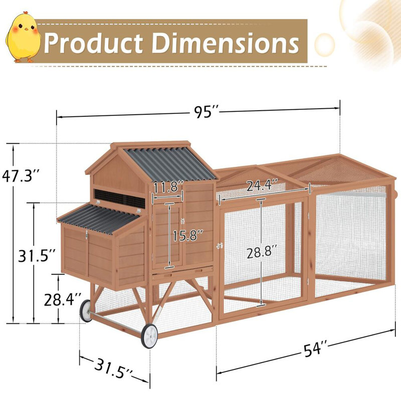 Grand poulailler en bois 95 "avec roulettes, Naturel
