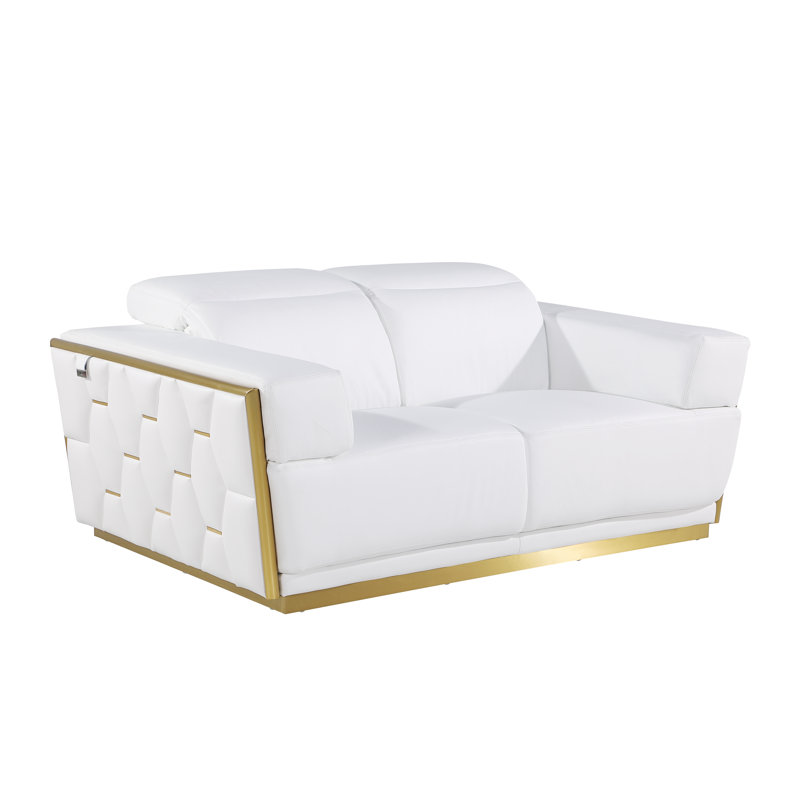 Sylvian Top Grain Genuine Italian Leather Loveseat, White, Gold